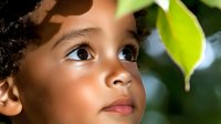 Young African American child gazing upward with wonder and curiosity against green foliage background, capturing innocence and natural discovery in outdoor setting.