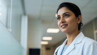 Young Indian female doctor in white coat smiling confidently in modern hospital corridor with natural lighting for healthcare marketing materials.