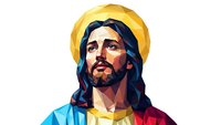 Religious figure with halo in colorful geometric art style, spiritual portrait with vibrant polygonal design for faith-based projects and worship materials.