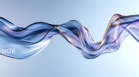 Flowing abstract smoke-like waves in blue and purple hues create dynamic motion against light background, number 2026 visible in transparent ethereal design.