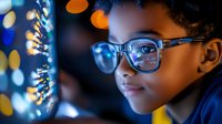 Young African American child wearing glasses smiles while looking at bright bokeh lights in background, creating magical atmosphere of wonder and discovery. For education and lifestyle.