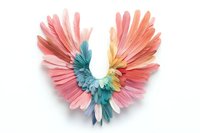 Colorful paper feathers arranged in wing shape on white background, featuring coral pink, turquoise blue and yellow tones in delicate layered composition.