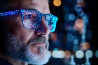 Middle-aged Caucasian man with gray beard wearing glasses illuminated by blue neon lights against dark bokeh background, creating futuristic cyberpunk atmosphere.
