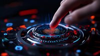 Futuristic fingerprint scanner with glowing blue and red circular interface. Human finger touching biometric security system on dark background with digital elements.