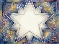 Decorative star frame with ornate floral swirls and vintage scrollwork border on textured background for greeting cards and festive designs.