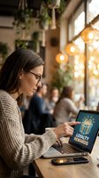 Young woman with dark hair and glasses, East Asian ethnicity, pointing at laptop screen displaying loyalty rewards program in modern café with hanging plants and warm lighting.
