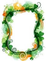 Decorative St Patrick's Day frame with green shamrocks, orange watercolor splashes and ornate swirls on white background for festive design projects.
