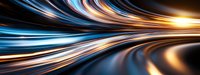 Abstract light trails in motion with dynamic blue and orange streaks creating futuristic speed effect against dark background, panoramic composition.