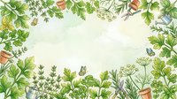 Watercolor garden border with potted herbs and plants arranged around cream background, ideal for gardening, cooking, and botanical design projects.