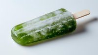 Refreshing green cucumber popsicle with wooden stick on white background, showcasing frosty texture and natural appearance for summer food concept.