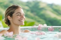 Young Caucasian woman relaxing in spa pool with pink lotus flowers, eyes closed with serene smile, enjoying wellness treatment and aromatherapy outdoors.