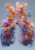 Anatomical lungs and bronchi filled with vibrant spring flowers including roses, carnations and delphiniums in orange, pink, and blue tones against gray background.