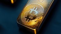 Golden bitcoin symbol on metallic bar against dark background, dramatic lighting highlights cryptocurrency details and circuit patterns. For finance and investment concepts.