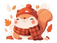 Cute squirrel character wearing knit beanie and plaid scarf surrounded by autumn oak leaves and acorns on light background, fall season illustration.