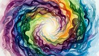 Vibrant rainbow spiral watercolor painting with flowing organic shapes and bright colors creating dynamic swirling motion on white background.