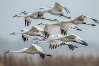 Graceful whooping cranes in synchronized flight formation against misty sky, wings spread wide, showcasing natural migration behavior and avian elegance in motion.