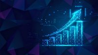 Digital growth chart with glowing blue arrow trending upward on dark geometric background. Business analytics and financial success visualization.