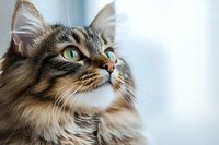 Fluffy tabby cat with green eyes looking up thoughtfully against soft blurred background. Domestic feline portrait with copy space for pet care concepts.
