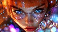 Enchanting close-up portrait featuring bright blue eyes behind glasses, freckled face, and fiery red hair surrounded by magical sparkles and colorful bokeh lights creating dreamy atmosphere.