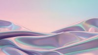Abstract holographic waves with iridescent rainbow colors flowing in smooth curves. Modern digital art background with pastel pink and blue gradient tones.
