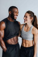 Athletic couple sharing genuine laughter during workout session, wearing sports attire against light background. Fitness and wellness lifestyle concept.