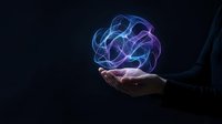 Businessman holding glowing digital brain hologram with neural networks on dark background representing artificial intelligence and machine learning technology.