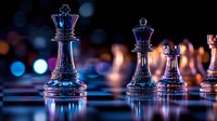 Glass chess pieces on dark reflective surface with colorful bokeh lights in background creating dramatic atmosphere and strategic game concept.