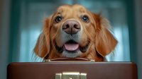 Close up portrait of happy golden retriever dog with open mouth and curious expression peeking over brown leather suitcase against blurred background.
