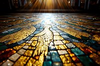 Sunlight streaming through stained glass window creates dramatic golden rays and colorful mosaic pattern on church floor, spiritual atmosphere.
