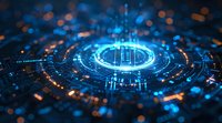 Futuristic glowing blue circular technology interface with digital circuit patterns against dark background with bokeh light effects.