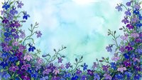 Watercolor floral border with blue, purple, and violet wildflowers on a soft teal background, perfect for greeting cards and invitations.
