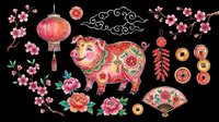 Watercolor Chinese New Year set with pig, lantern, cherry blossom, fan, coins, and firecrackers, isolated on transparent background, ready for stickers and print on demand.