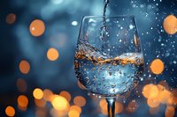 Crystal wine glass with splashing water against dark blue background with golden bokeh lights creating magical atmosphere for beverage photography.
