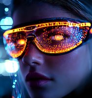 Futuristic glowing orange sunglasses reflect neon lights on African American woman's face in dark atmospheric nightclub setting with bokeh light effects.
