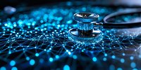 Medical stethoscope on glowing blue network background with connected dots and lines, representing digital healthcare and telemedicine innovation.