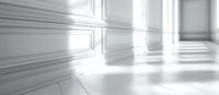 Bright minimalist white interior with classic wall moldings and sunlight streaming through windows, creating dramatic shadows on glossy floor. For architecture visualization.
