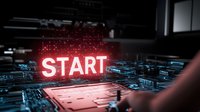 Glowing red START text floating above futuristic circuit board pattern with blue technological elements in dark environment, modern digital concept for business beginnings.