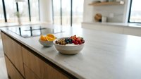 Granola bowl with fresh berries and dried fruit on modern kitchen counter with natural light from windows.