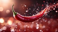 Fresh red chili pepper with water drops and splashes on dark background with bokeh lights, dramatic food photography for restaurant menus and cookbooks.