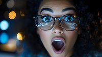 Young African American woman with surprised expression wearing glasses against blurred bokeh lights background, mouth open in astonishment, close-up portrait.