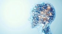 Translucent human head profile filled with glowing digital patterns and circuit elements against light blue background, representing artificial intelligence and cognitive technology.