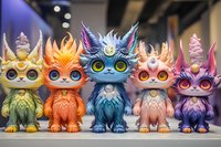 Colorful fantasy creature figurines with big eyes and decorative horns lined up in green, orange, blue, pink and purple, displaying whimsical character designs.