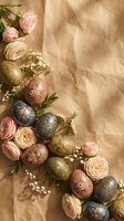 Elegant Easter eggs with ornate golden patterns arranged with soft pink roses and delicate flowers on warm beige background with natural shadows.