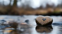 Heart-shaped stone resting on wet surface with water droplets and blurred natural background creating peaceful zen meditation concept.