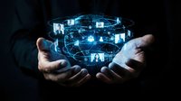 Businessman hands holding futuristic holographic network with connected icons and digital data visualization for technology and communication concepts.