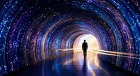 Silhouette of person walking through futuristic tunnel with glowing blue and purple lights creating cosmic atmosphere for technology concepts.