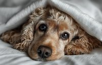 Adorable cocker spaniel dog hiding under white blanket on bed looking sad and tired. Cozy pet comfort concept for veterinary care and animal wellness.