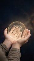 Hands holding a glowing sacred geometry orb with golden light and mystical symbols against a dark cosmic background.