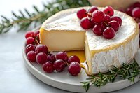 Soft ripened brie cheese wheel with fresh red currants and rosemary sprigs on white ceramic plate, close up view of gourmet dairy appetizer.