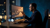 Professional businessman analyzing financial data on computer screen with upward trending charts and graphs in modern office at night.